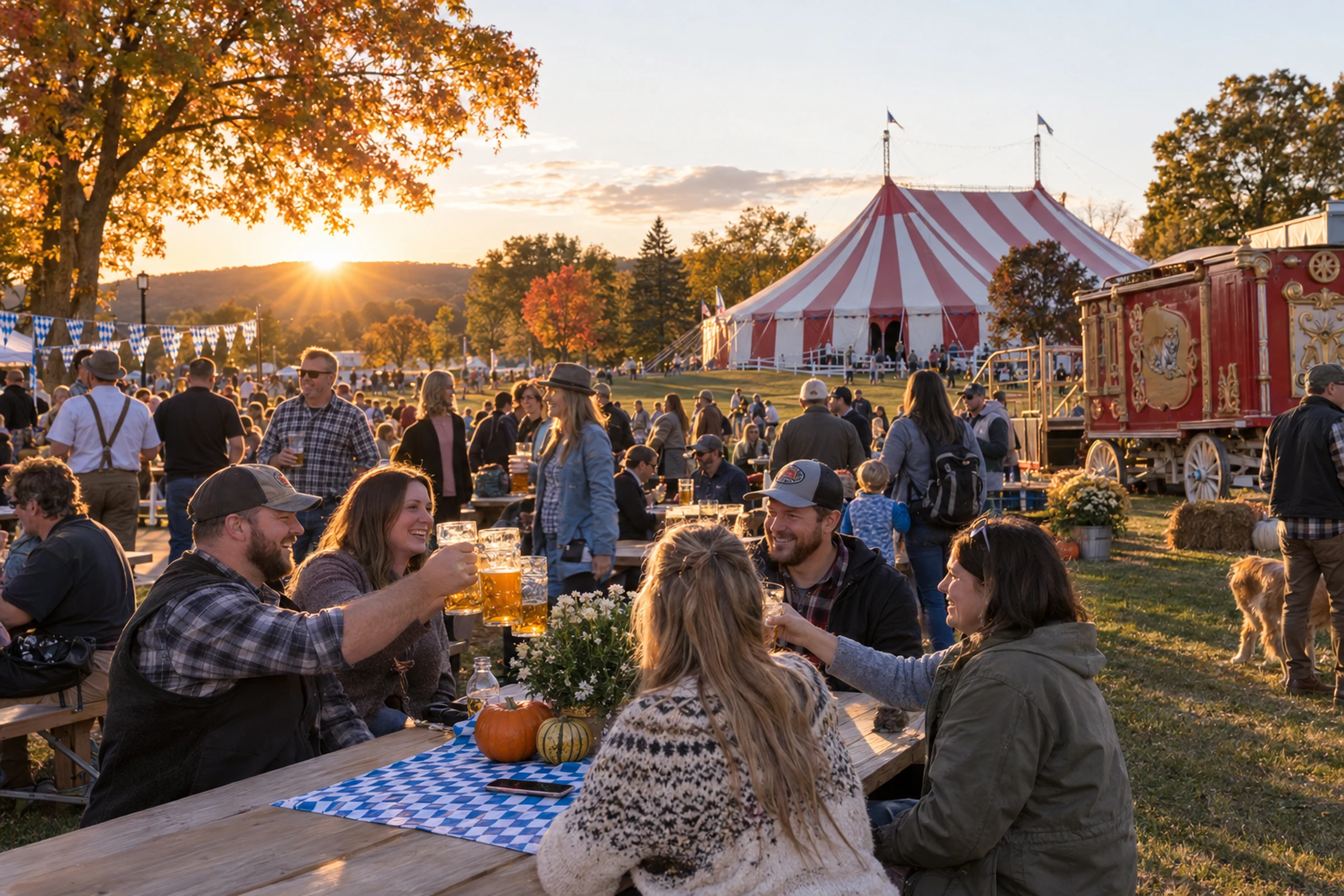 Baraboo Oktoberfest guests gathering near the Circus World big top