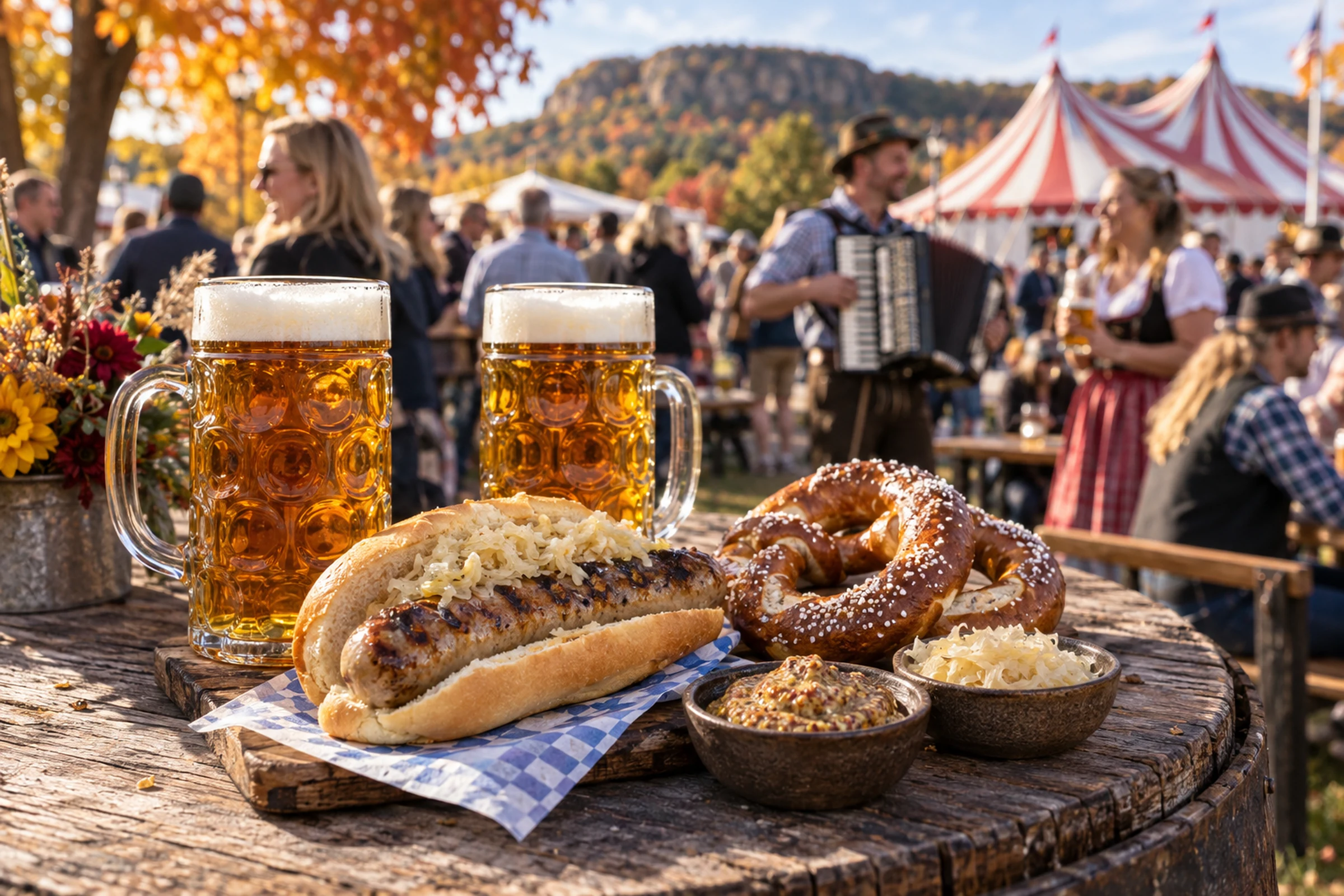 Bratwurst pretzels and local Oktoberfest beer at Circus World