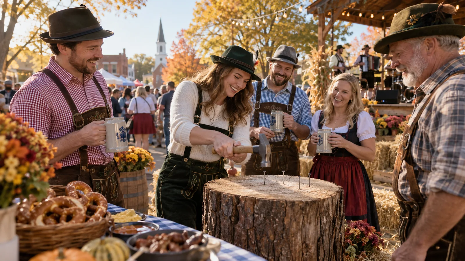 Editorial illustration of friends at a small-town autumn oktoberfest game; not a photograph of this event