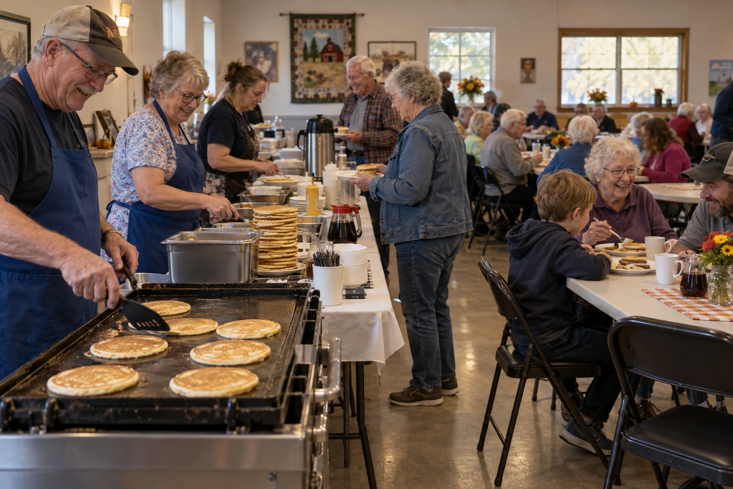 Volunteers preparing pancakes inside the Baraboo community breakfast