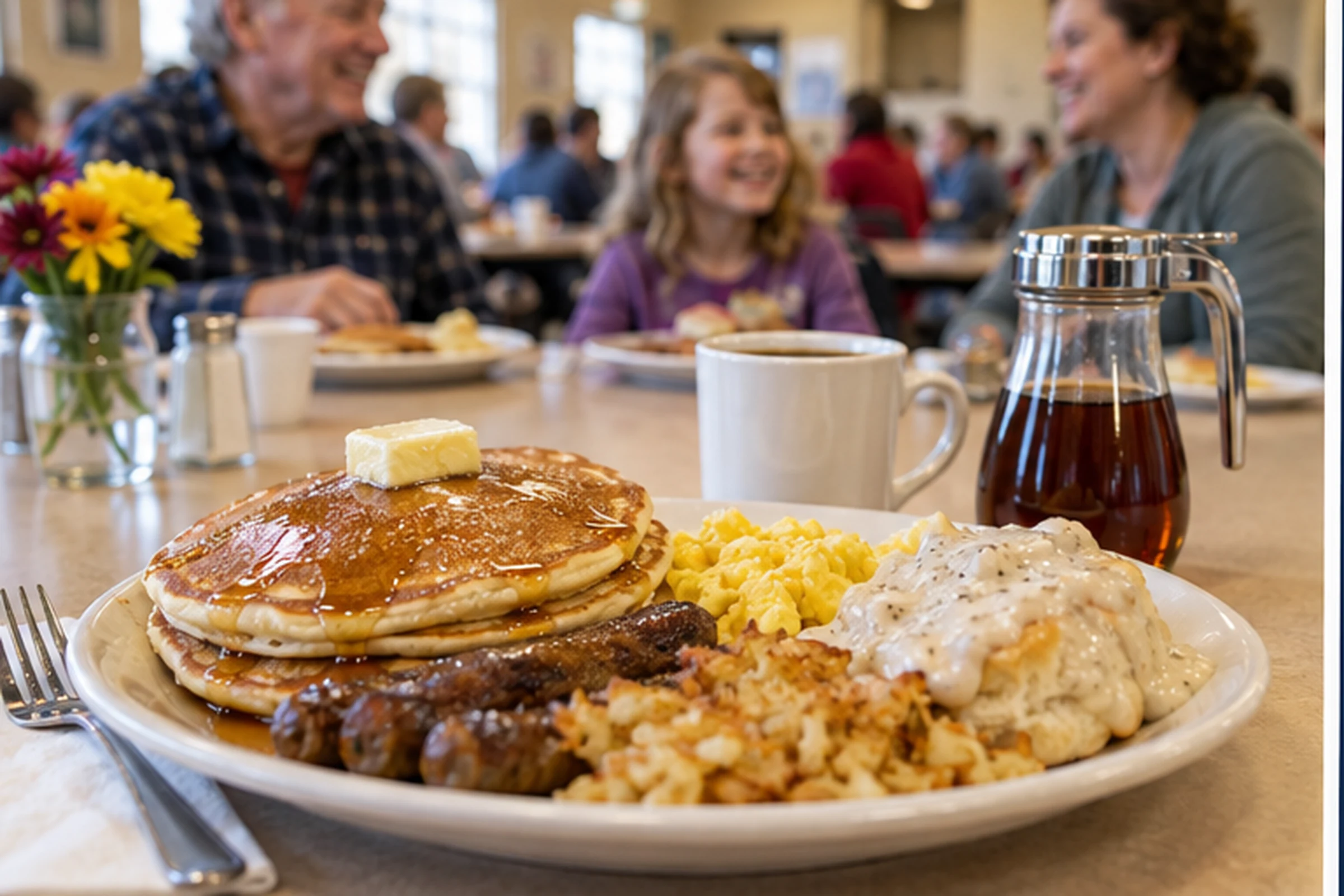 Pancakes eggs sausage and coffee on a breakfast table