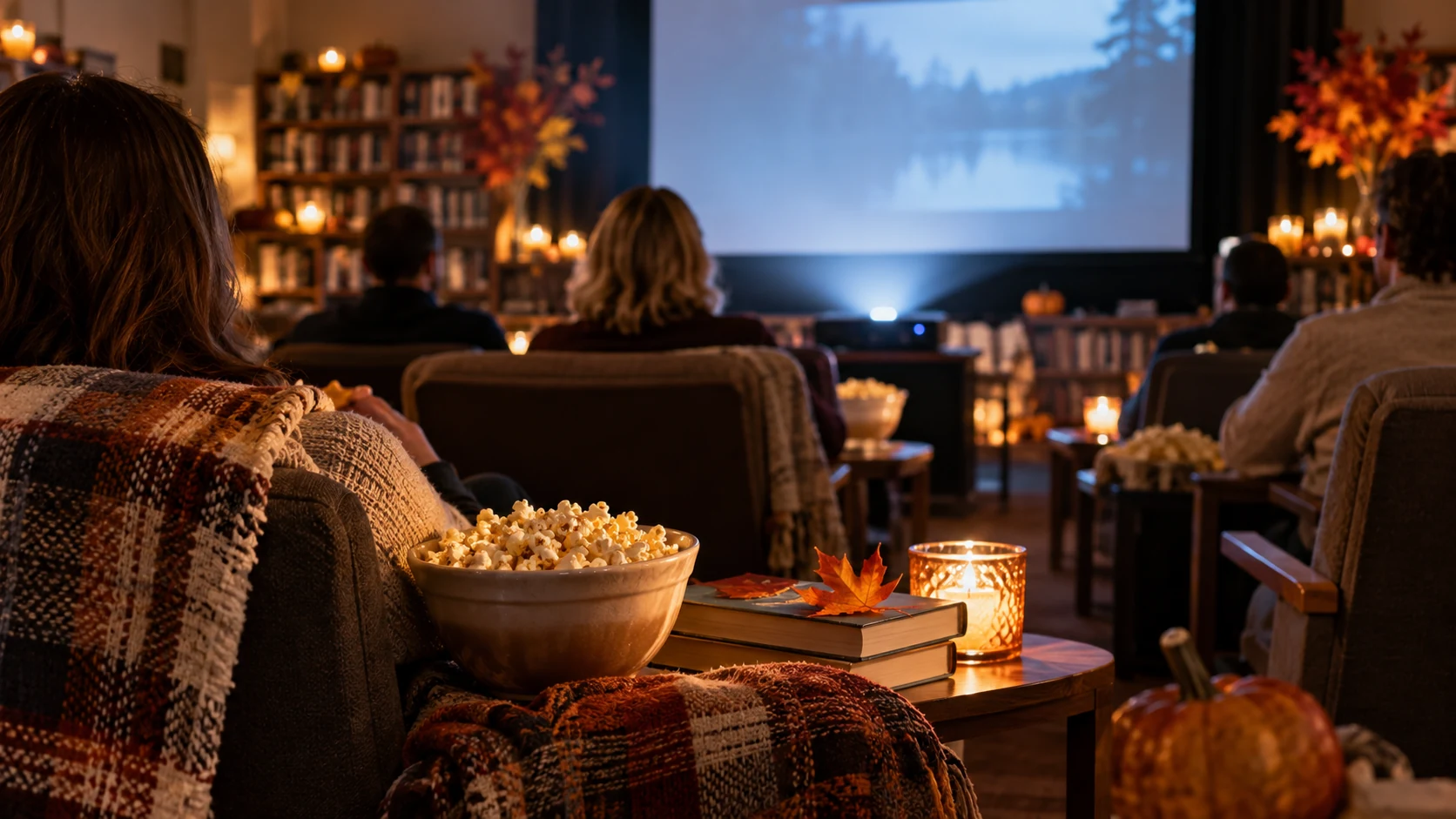 Illustrative after-hours library cinema with a projector and empty chairs