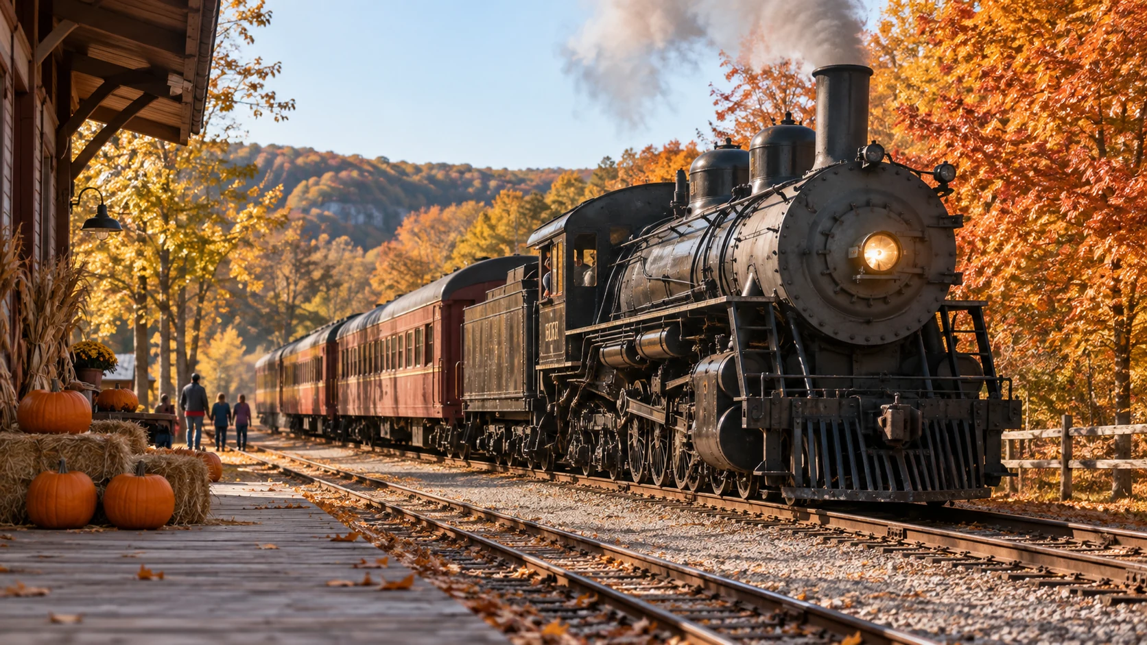 Illustrative historic train and pumpkins at a rural Wisconsin platform
