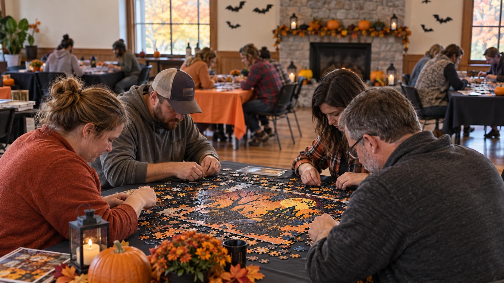 Illustrative Halloween-themed jigsaw puzzle race around a community table