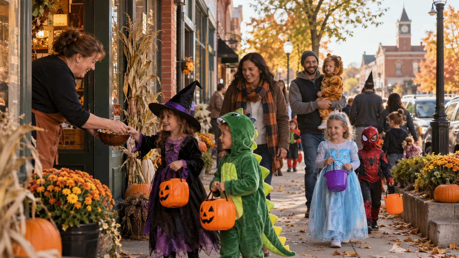 Editorial illustration of costumed families walking past downtown shops in autumn; not a photograph of this event