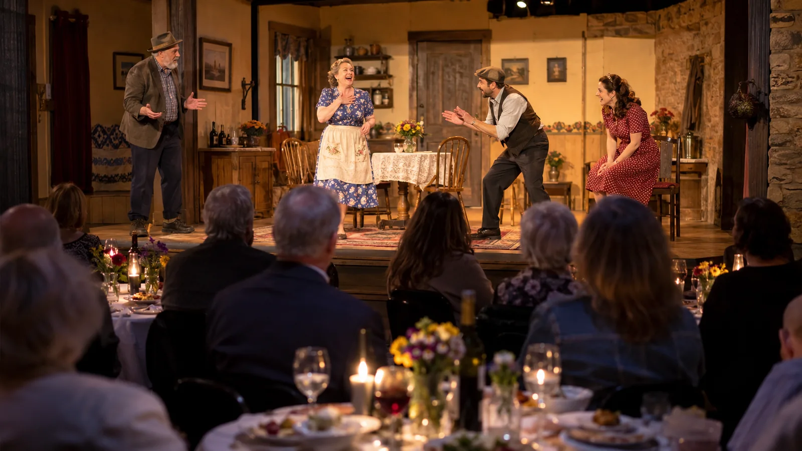 Editorial illustration of community dinner theater with audience tables and actors on stage; not a photograph of this event