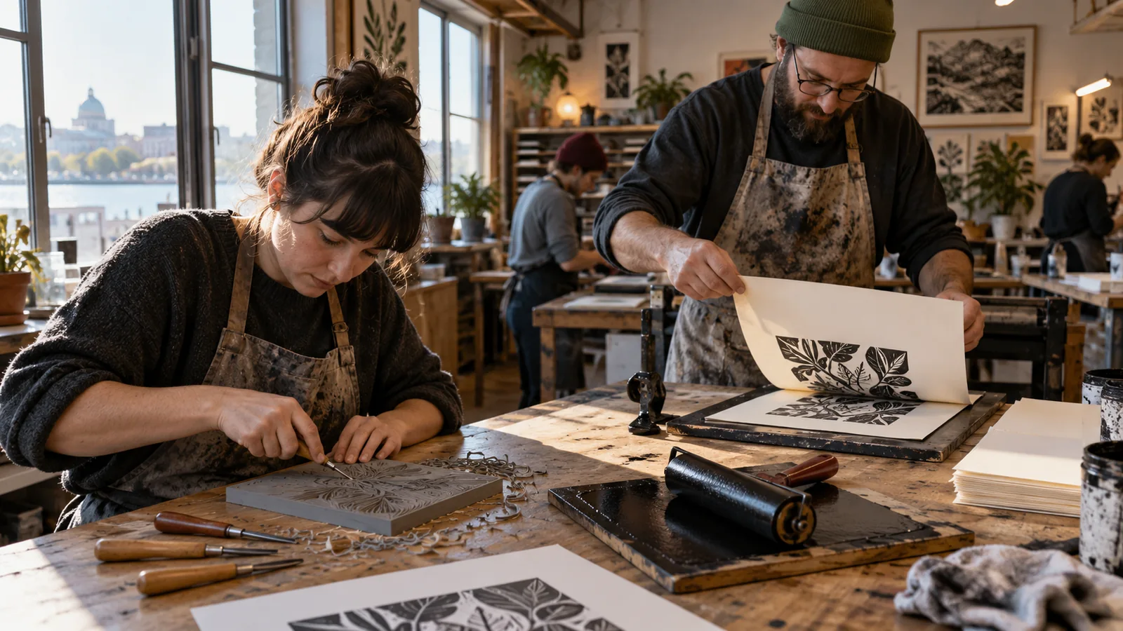 Editorial illustration of hands carving and printing a linoleum block in an art studio; not a photograph of this event