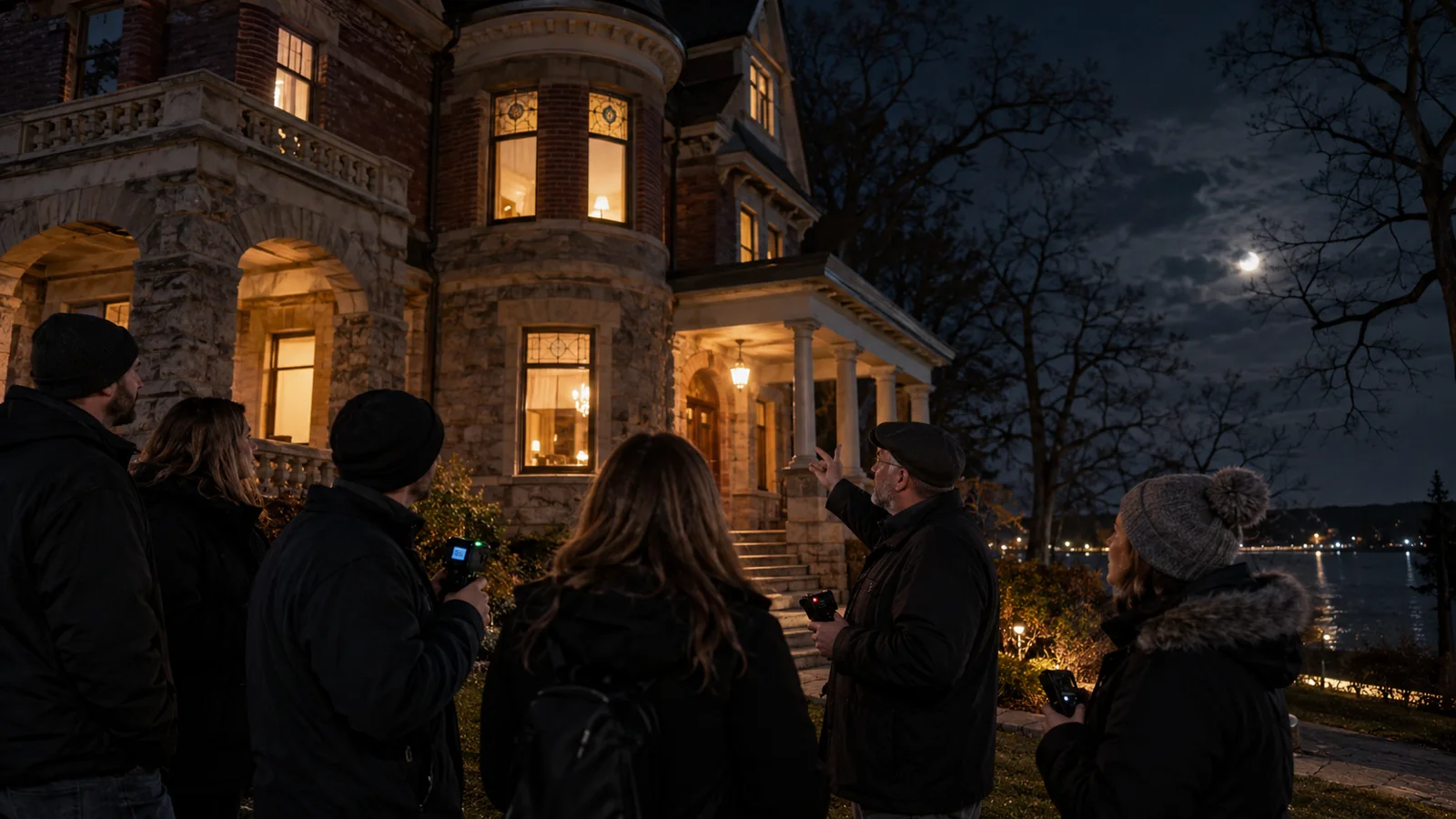 Editorial illustration of small guided group outside a historic mansion at night; not a photograph of this event