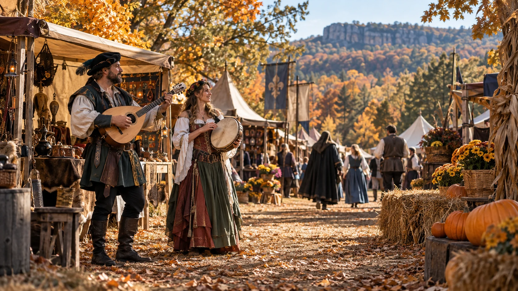 Illustrative Renaissance faire with costumed performers and artisan stalls