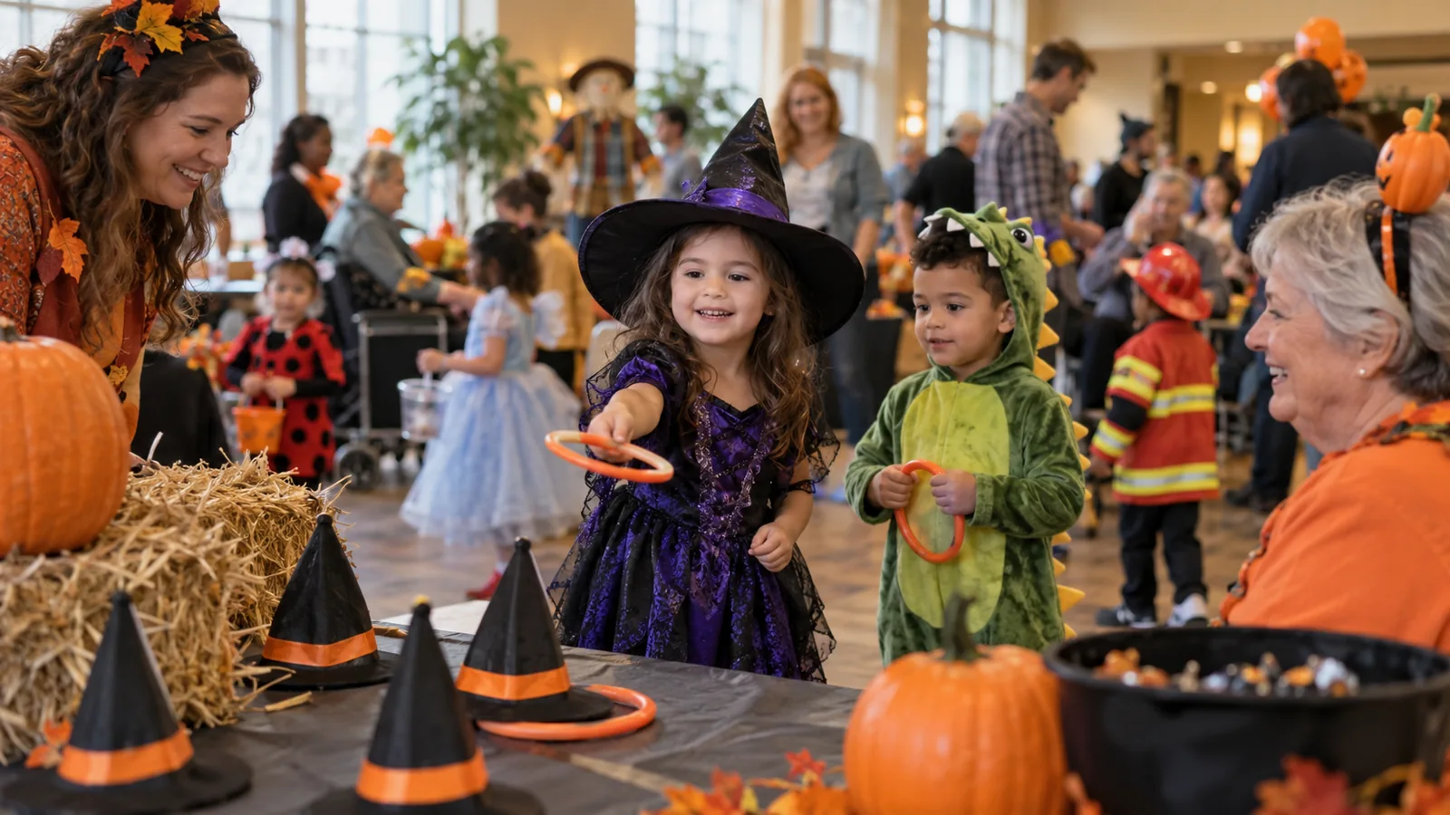Editorial illustration of young children in friendly costumes playing indoor halloween games; not a photograph of this event