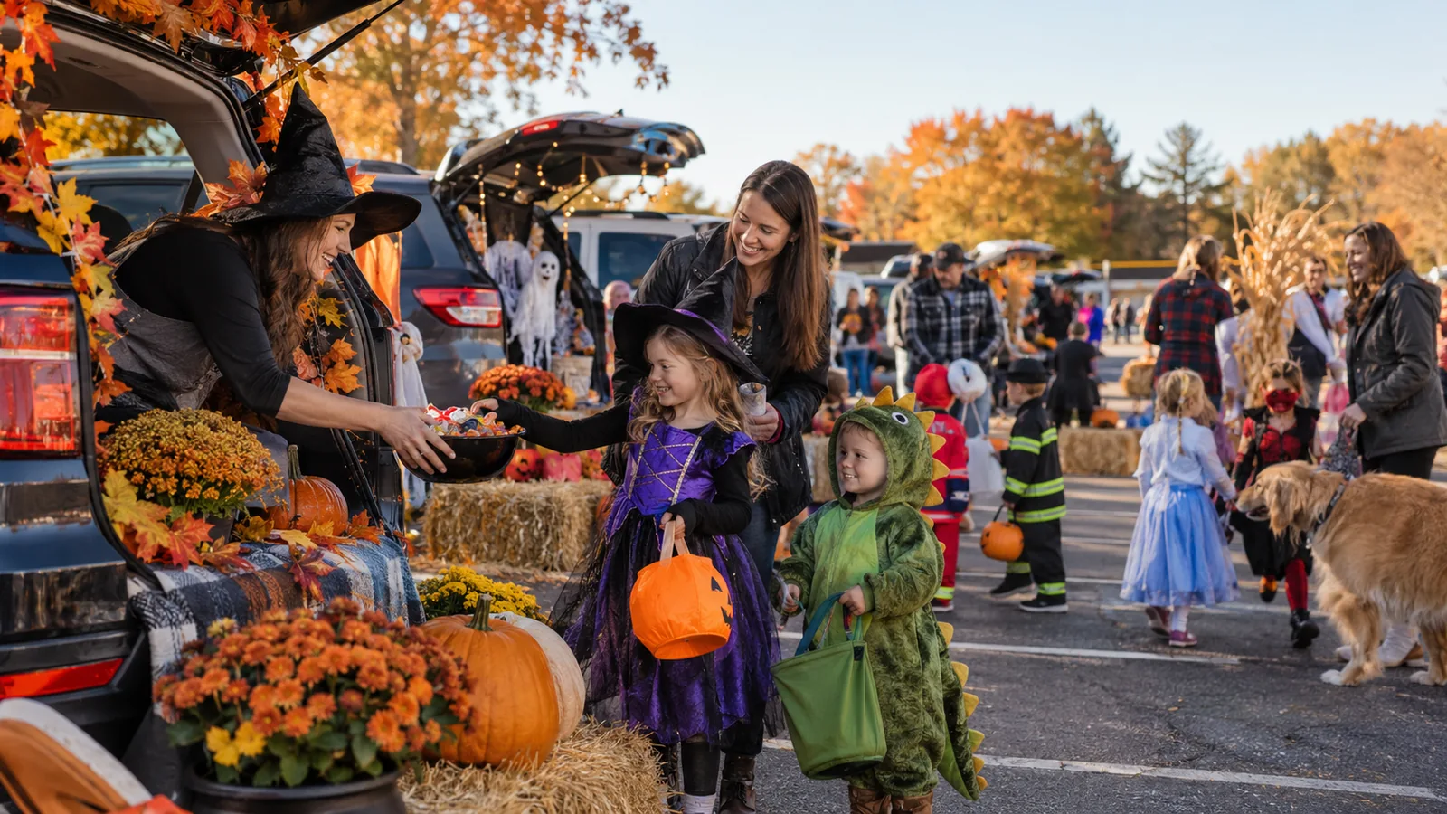 Editorial illustration of decorated vehicle trunks and costumed families in a community lot; not a photograph of this event