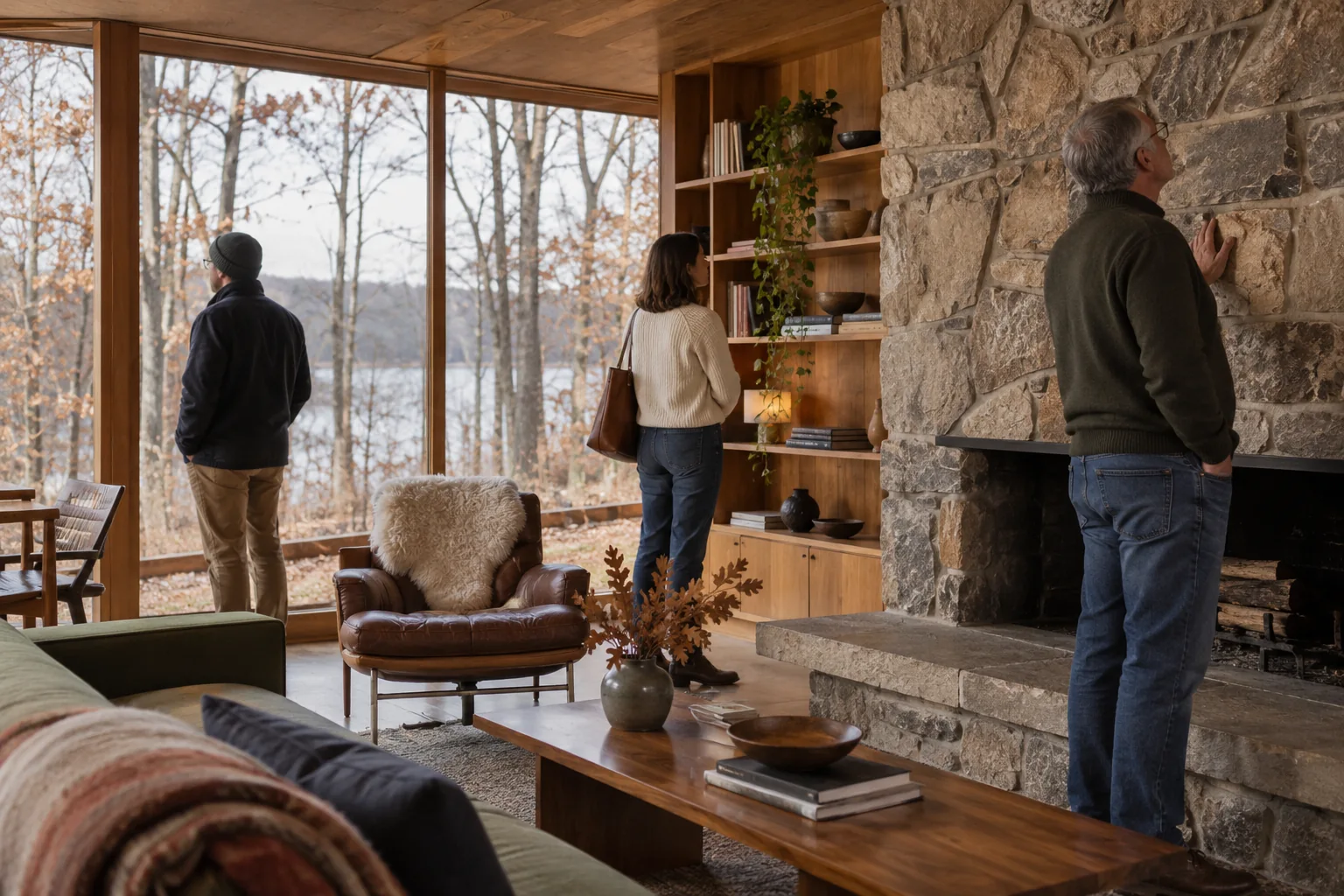 Editorial illustration of small group touring a modest midcentury cottage in wisconsin woods; not a photograph of this event