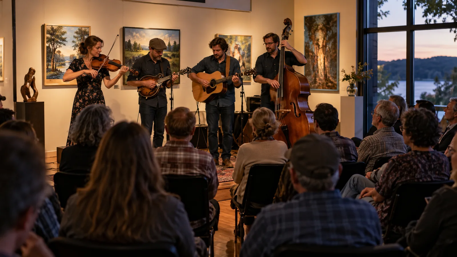 Editorial illustration of acoustic quartet performing in an intimate art gallery; not a photograph of this event