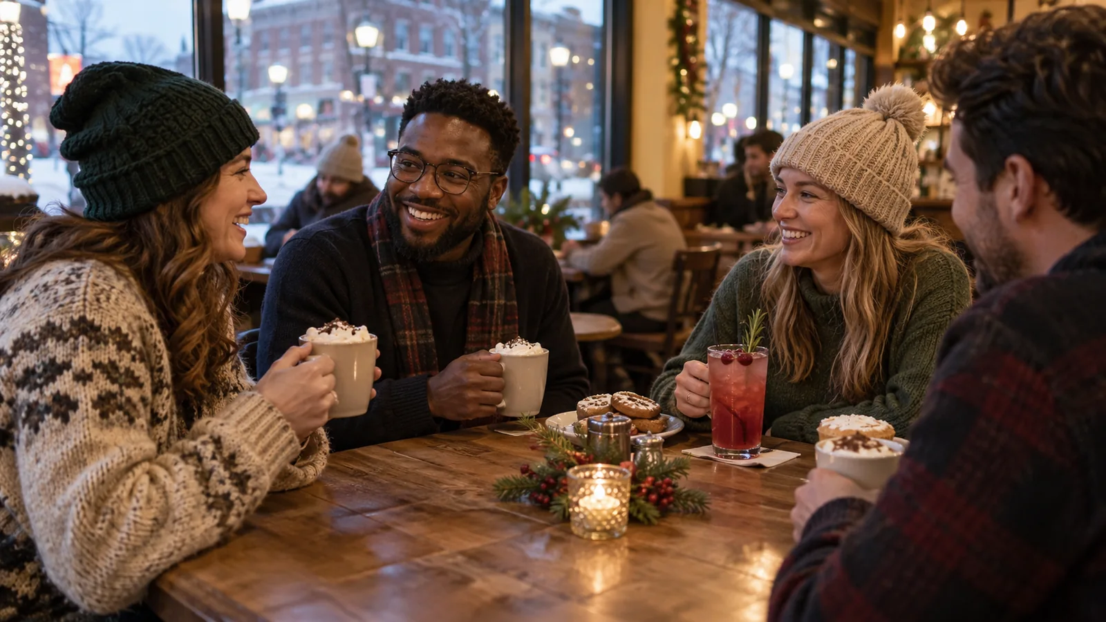 Editorial illustration of seasonal drinks on a table in a cozy downtown cafe; not a photograph of this event