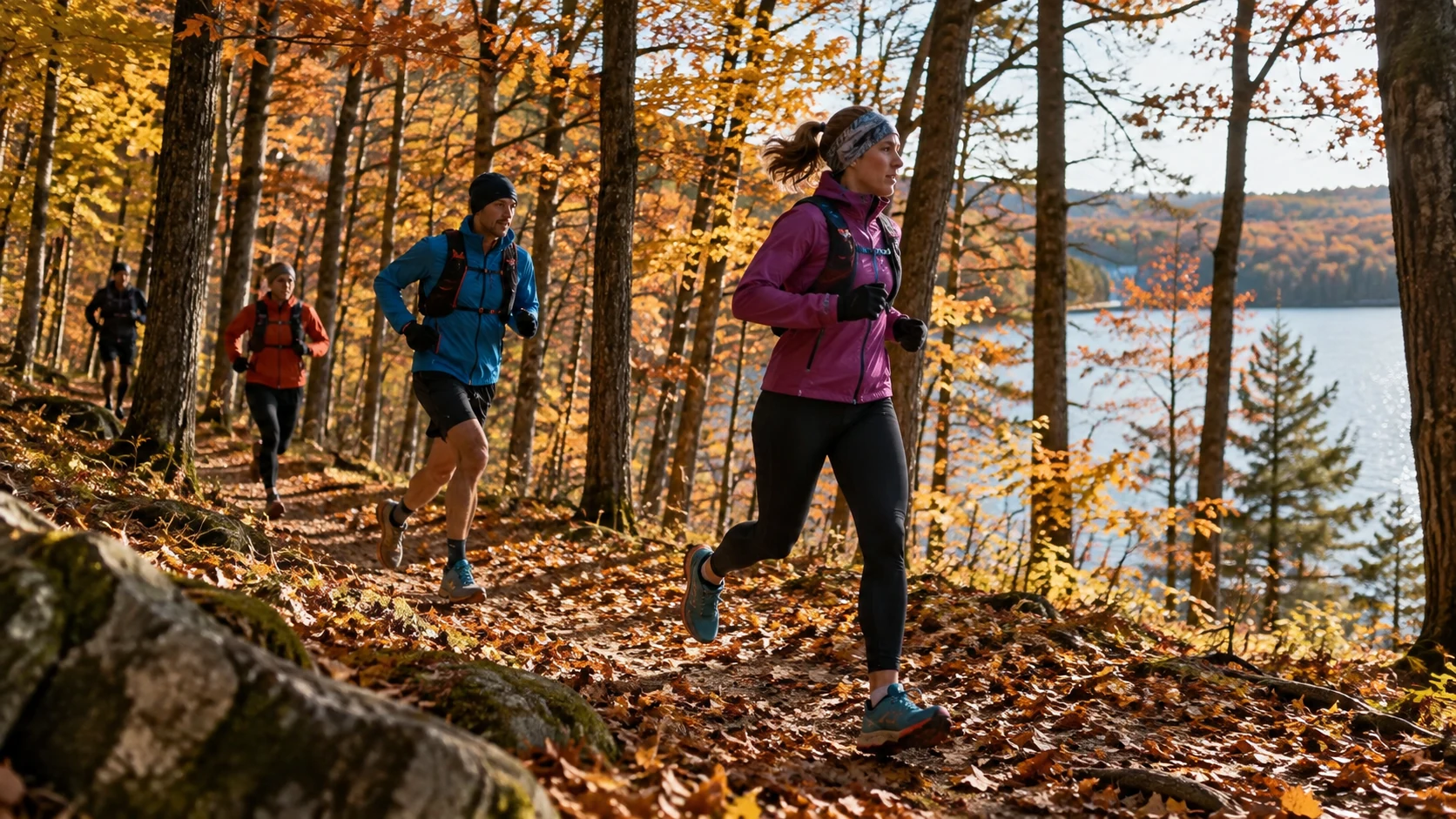 Illustrative trail runners moving through colorful autumn woods