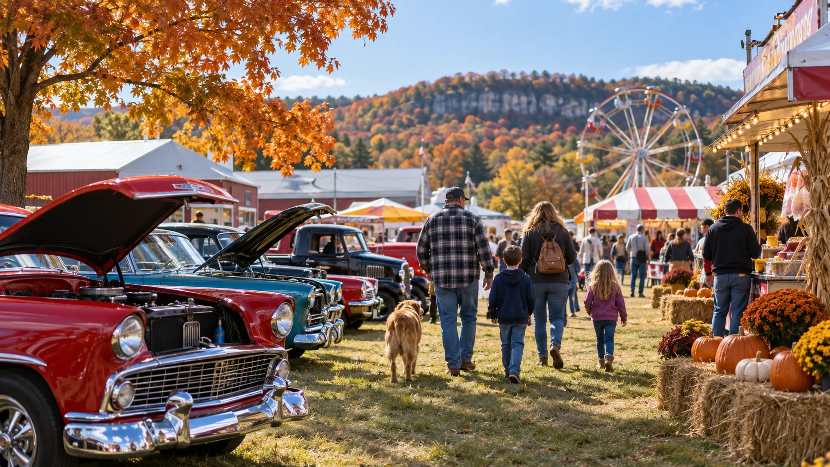 Illustrative county fairground gathering with classic cars and food stalls