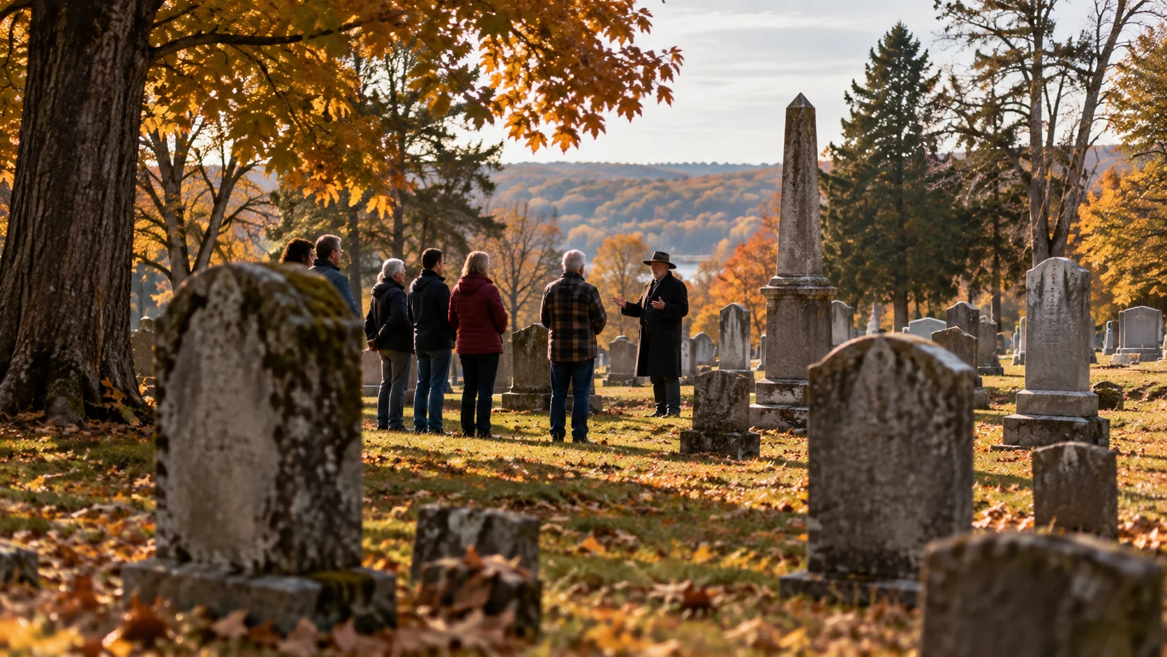 Illustrative guided history walk through an autumn Wisconsin cemetery