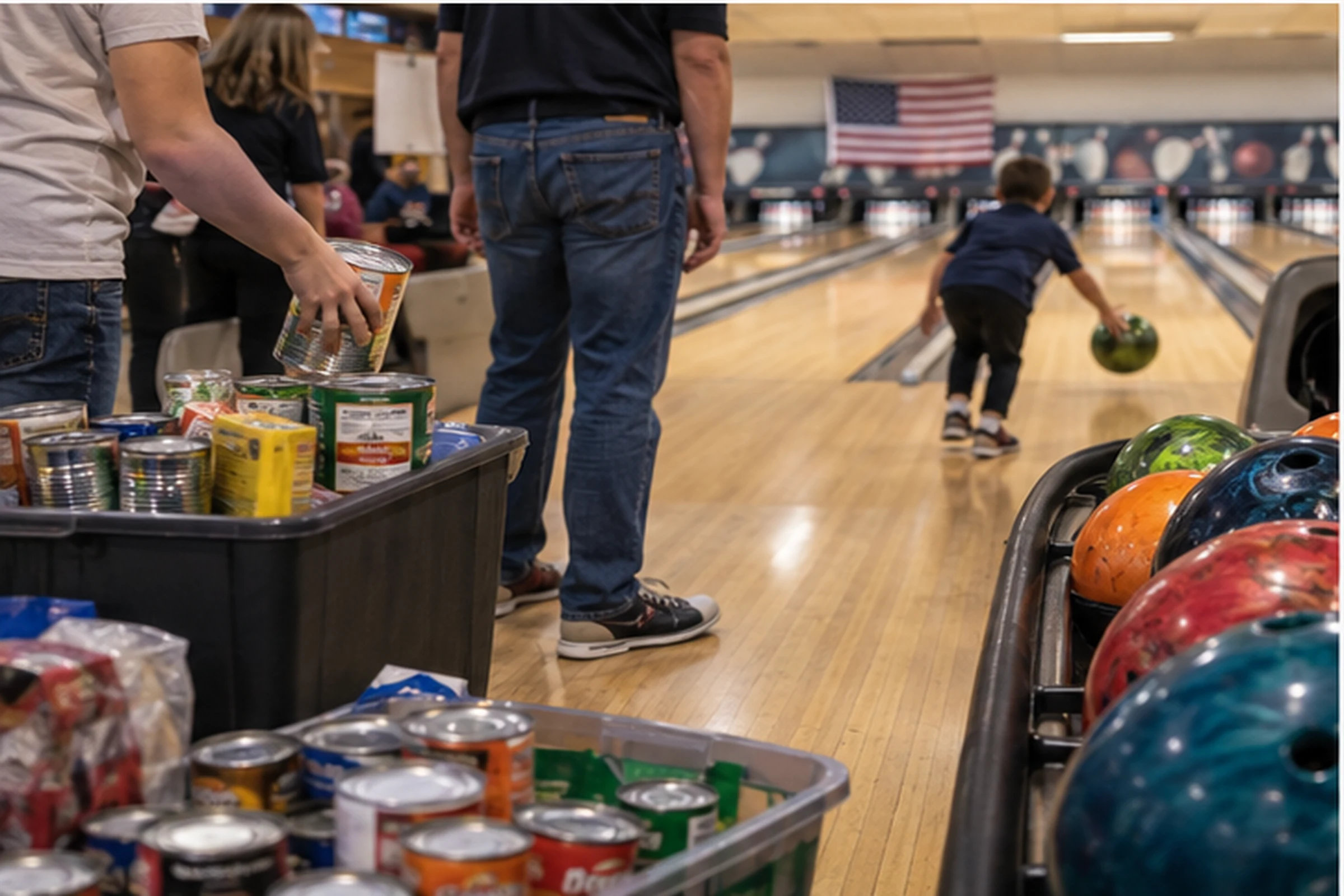 Bowling ball and donation boxes at Thunderbird Lanes