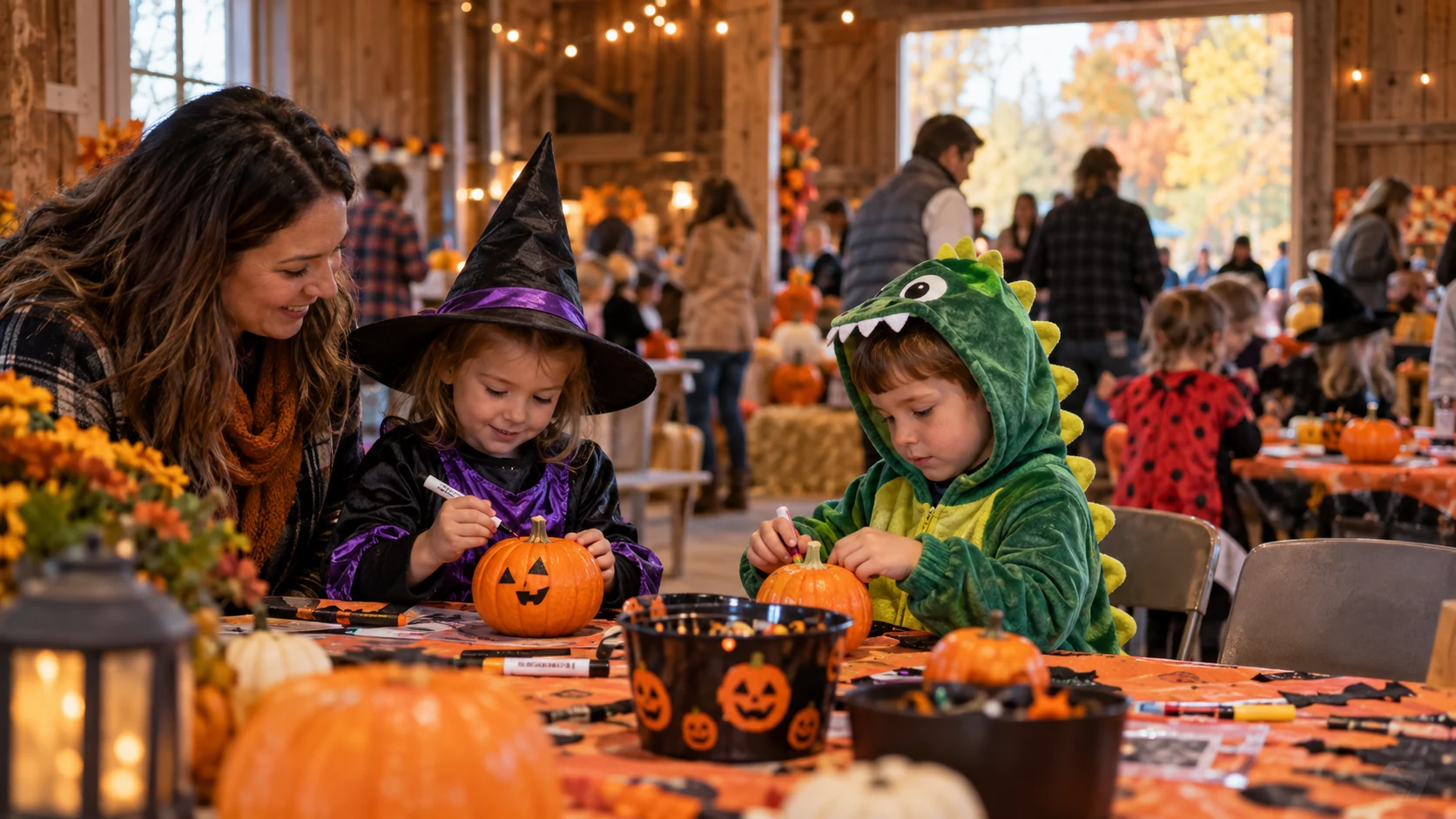 Illustrative indoor Halloween tables ready for a family gathering