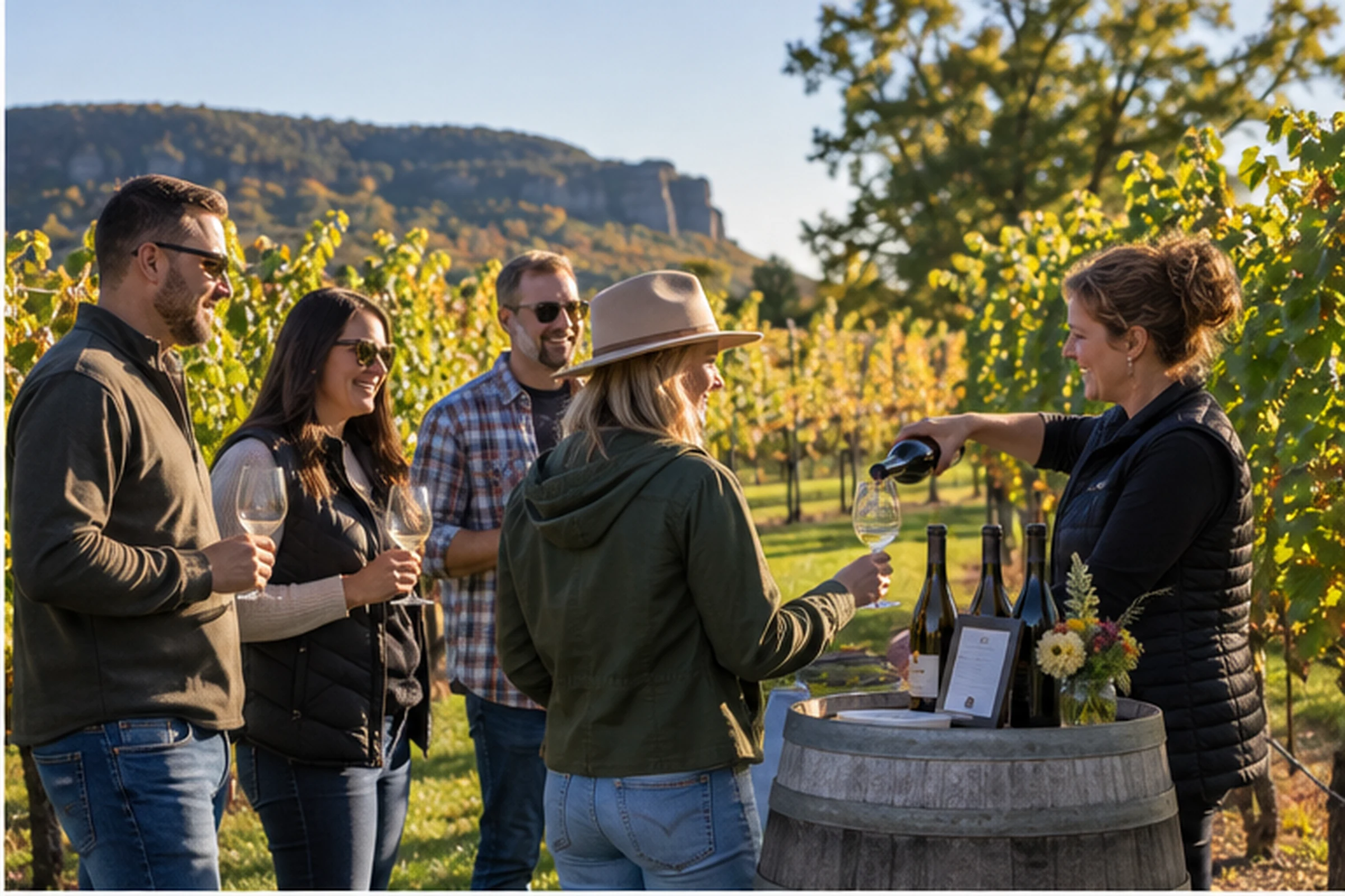 Guests enjoying a guided tasting among Baraboo grapevines