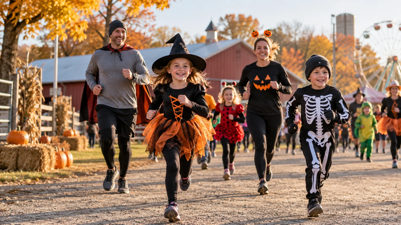 Illustrative costumed family fun runners at a fall fairground