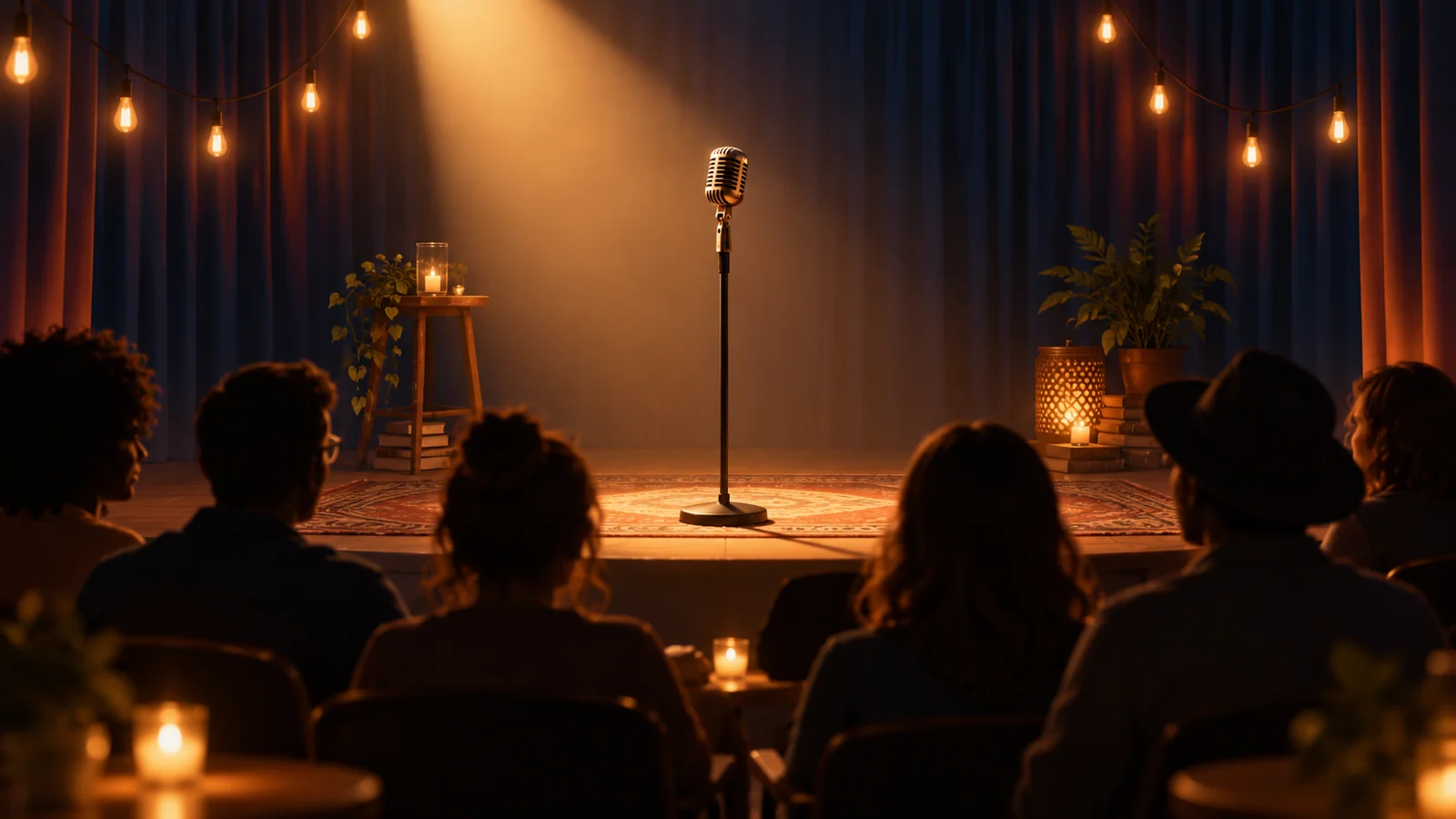 Editorial illustration of a microphone before a seated audience; not a photograph of the event