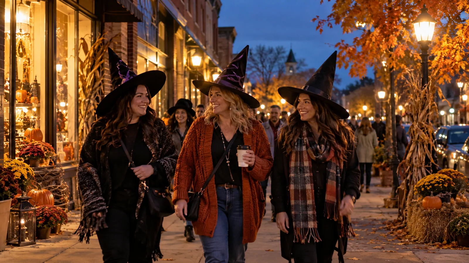 Editorial illustration of friends in witch hats strolling a festive small-town shopping street; not a photograph of this event