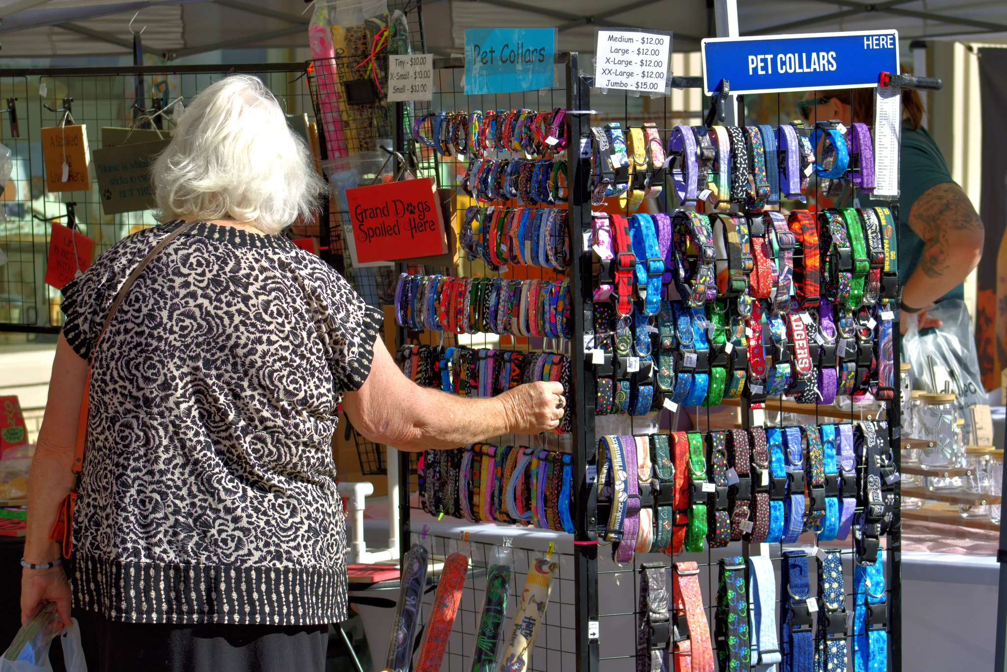 Shopper browsing a rack of colorful pet collars at Baraboo's 2026 Fall Fair on the Square