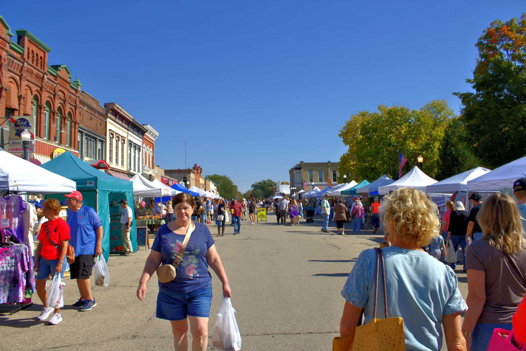 Shoppers strolling down the fair-lined street at Baraboo's 2026 Fall Fair on the Square