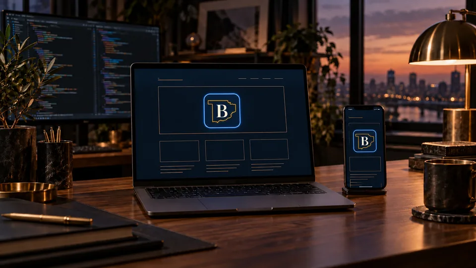 Baraboo Website Design website displayed on a laptop and phone with the official blue-and-gold B logo