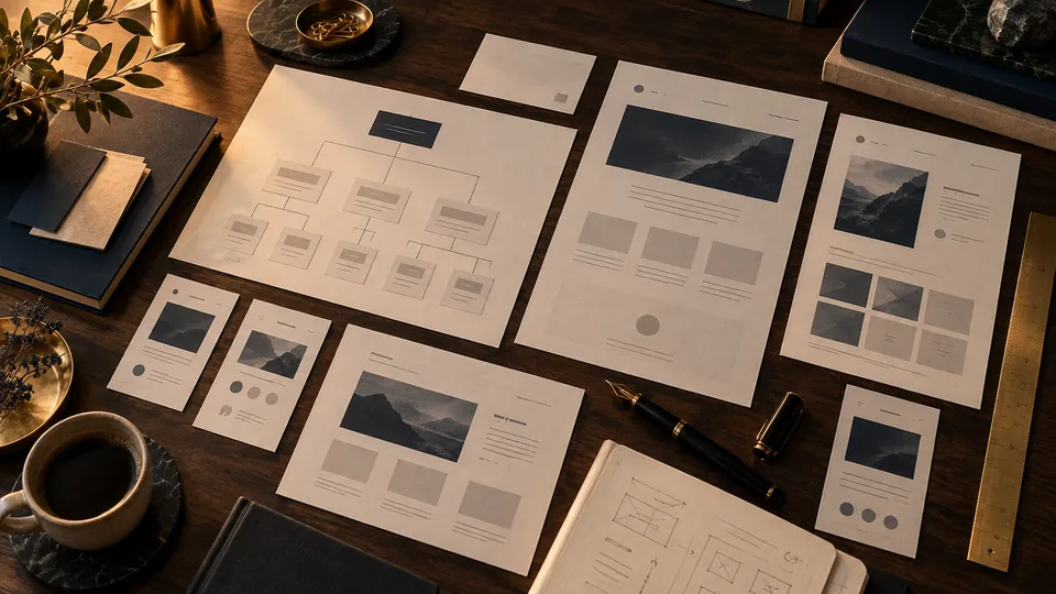 Website wireframes and sitemap pages arranged on a walnut studio table