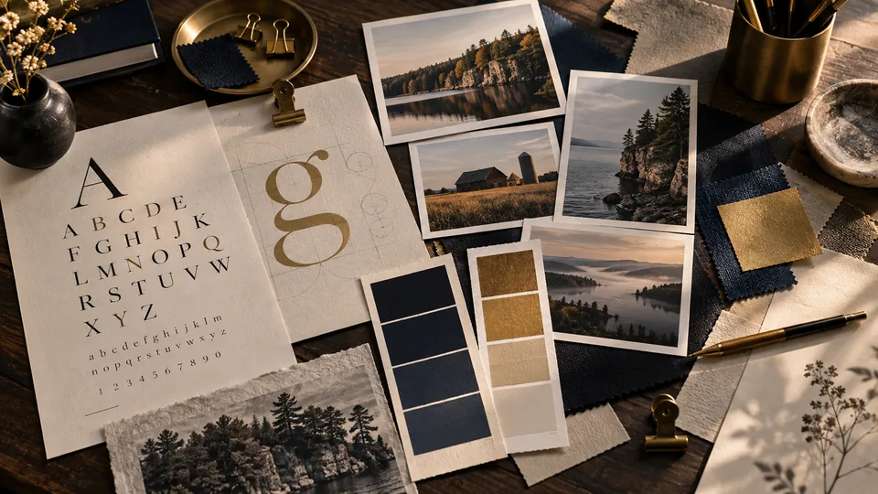 Typography, color, photography, and material studies on an art director's table
