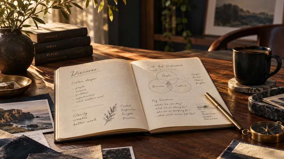 Open strategy notebook in a warmly lit creative studio