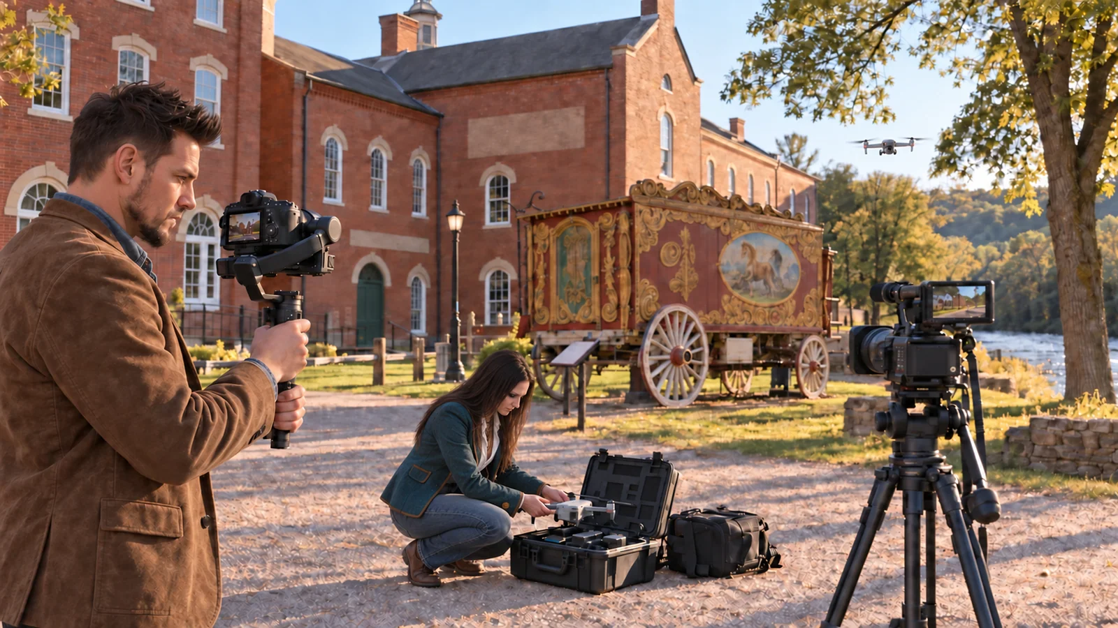 Shannan Rohde filming while Dusti prepares a drone beside a restored circus wagon at Circus World in Baraboo, with a DJI Air 2S hovering in the background