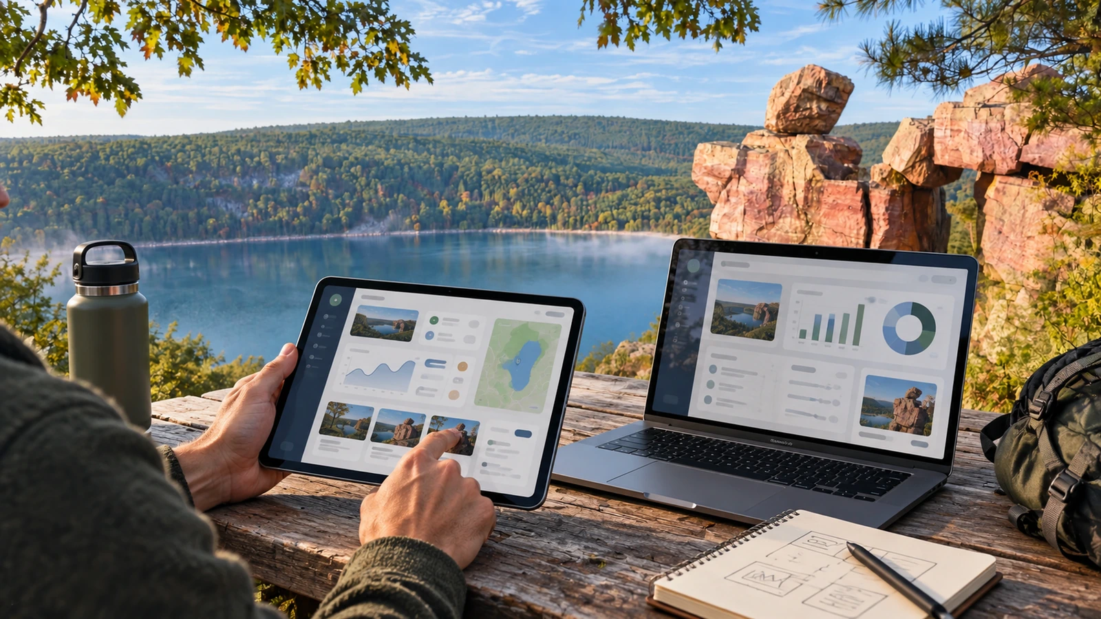Digital product prototype being tested on a tablet and laptop above Devil's Lake near Baraboo