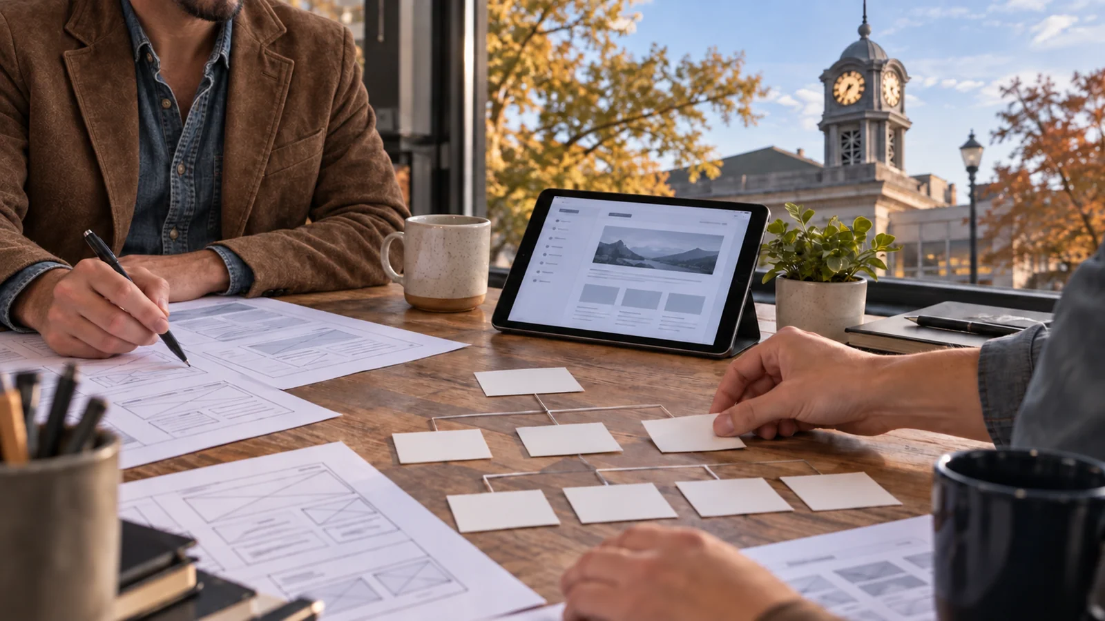 Shannan Rohde and a collaborator arranging website wireframes beside the Sauk County Courthouse
