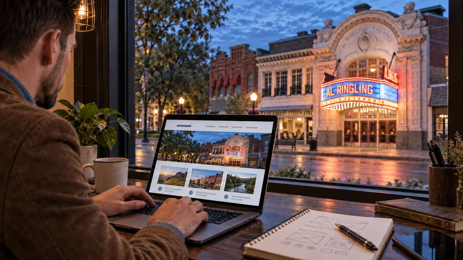 Shannan Rohde building a responsive website with Baraboo's Al. Ringling Theatre outside the studio window