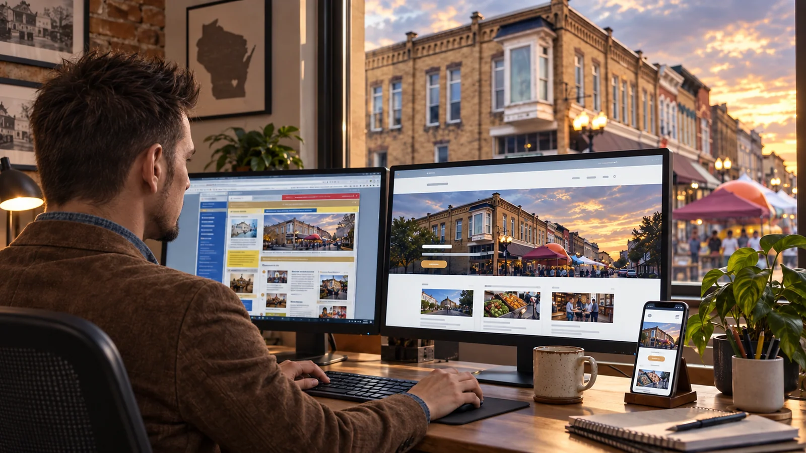 Shannan Rohde comparing an outdated website with a modern responsive redesign in historic downtown Baraboo