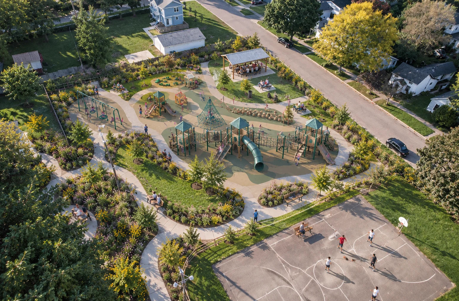 AI-assisted weber park concept visualization: overhead view of play spaces and botanical planting