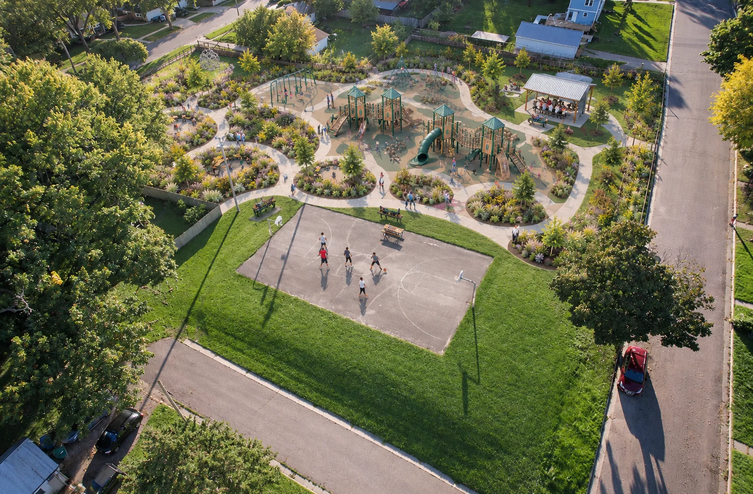 AI-assisted weber park concept visualization: basketball court beside a landscaped playground