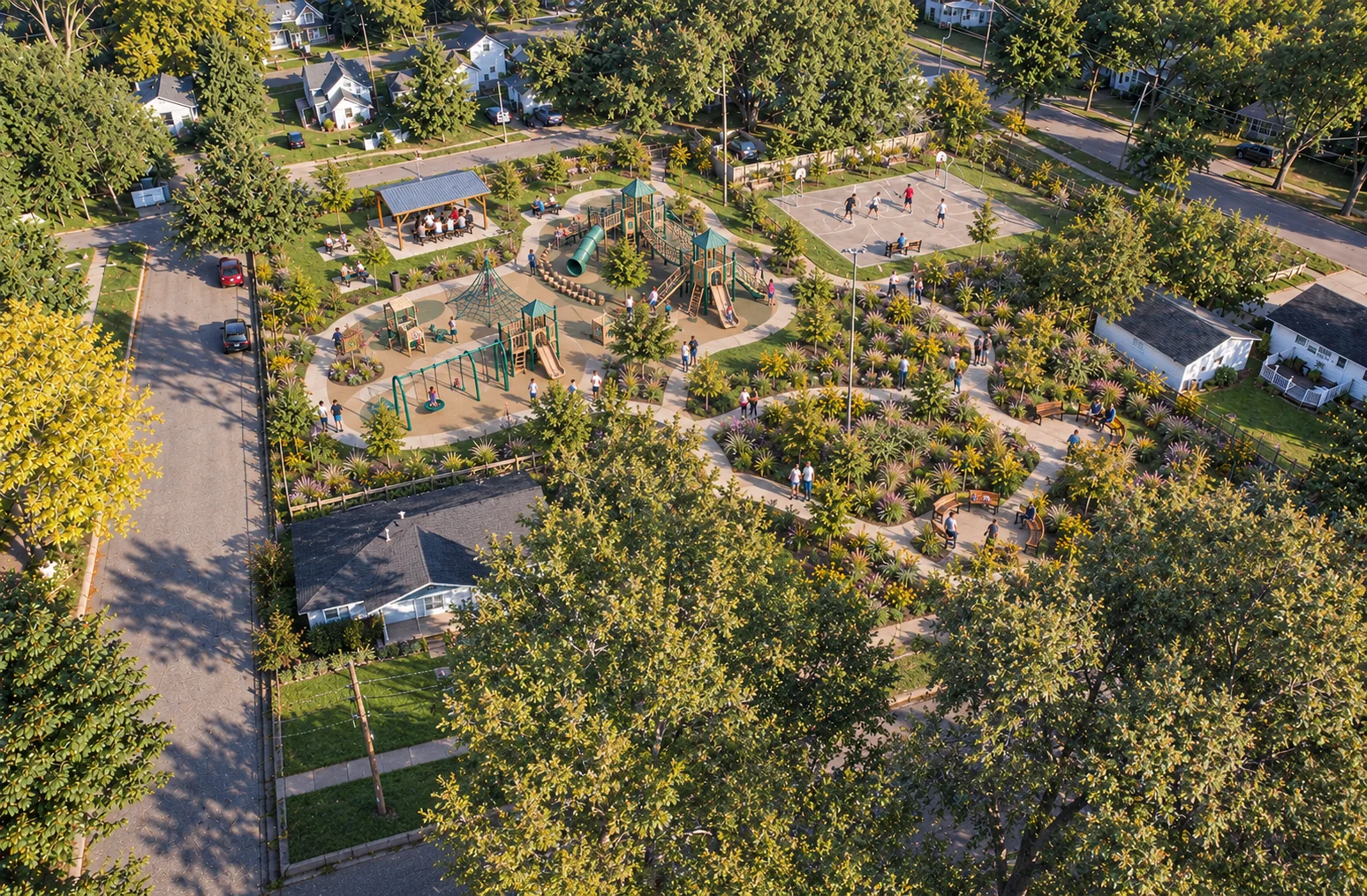 AI-assisted weber park concept visualization: paths winding among garden beds and play equipment