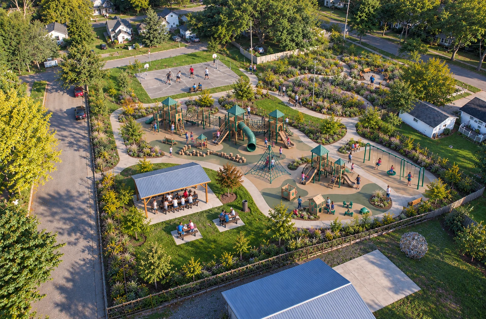 AI-assisted weber park concept visualization: picnic shelter, playground, and planted paths