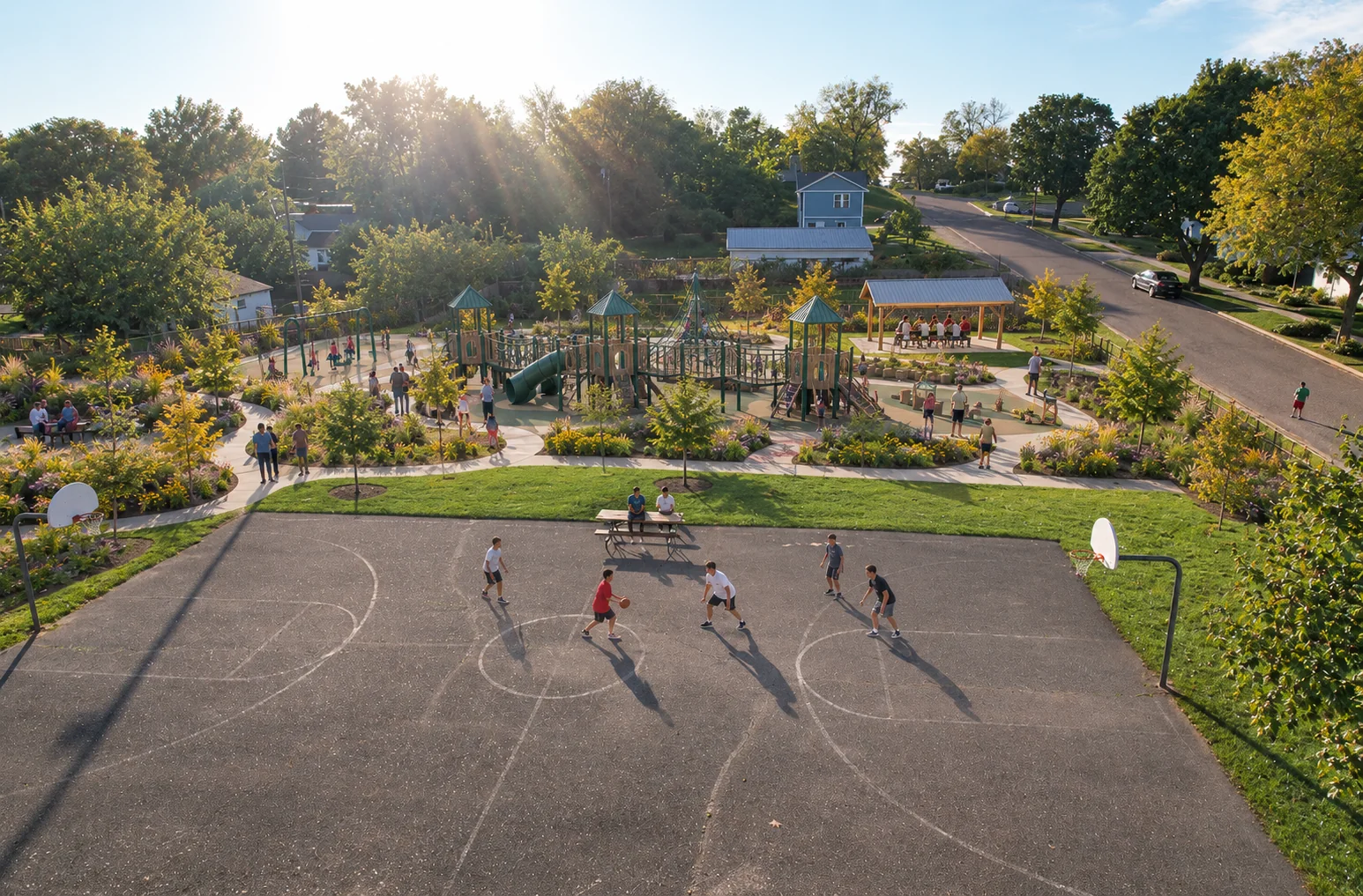AI-assisted weber park concept visualization: basketball court with the proposed playground behind it