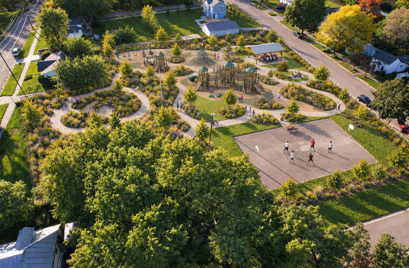 AI-assisted weber park concept visualization: wide aerial view of gardens beside the court