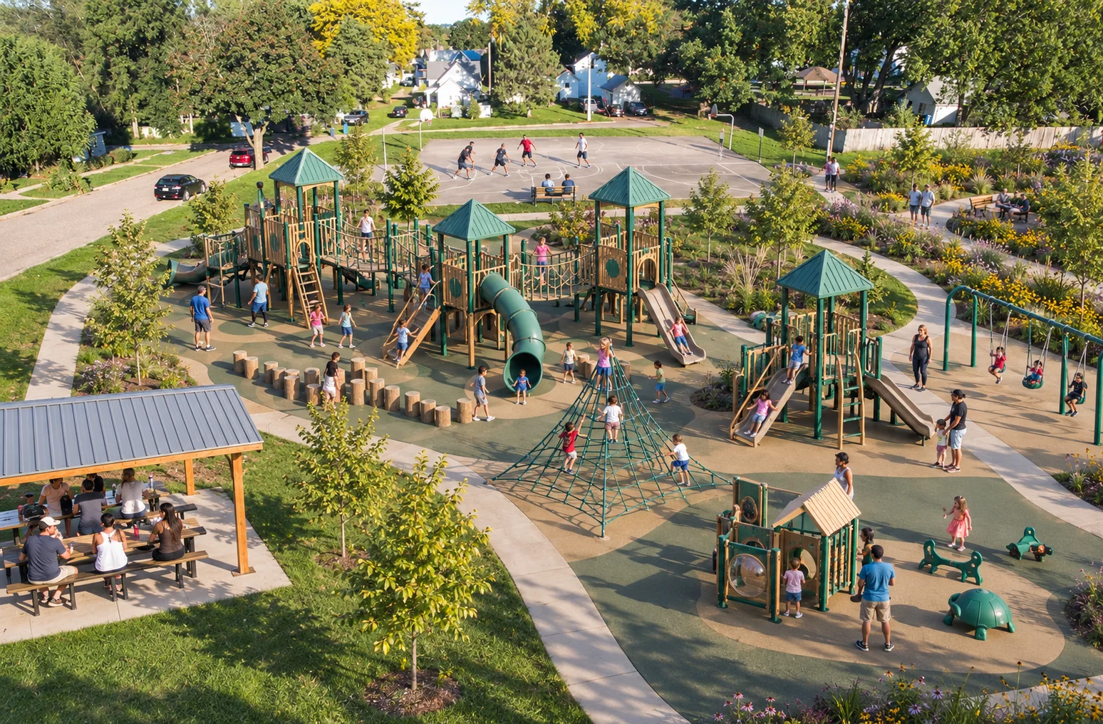 AI-assisted weber park concept visualization: closer view of playground structures and picnic shelter
