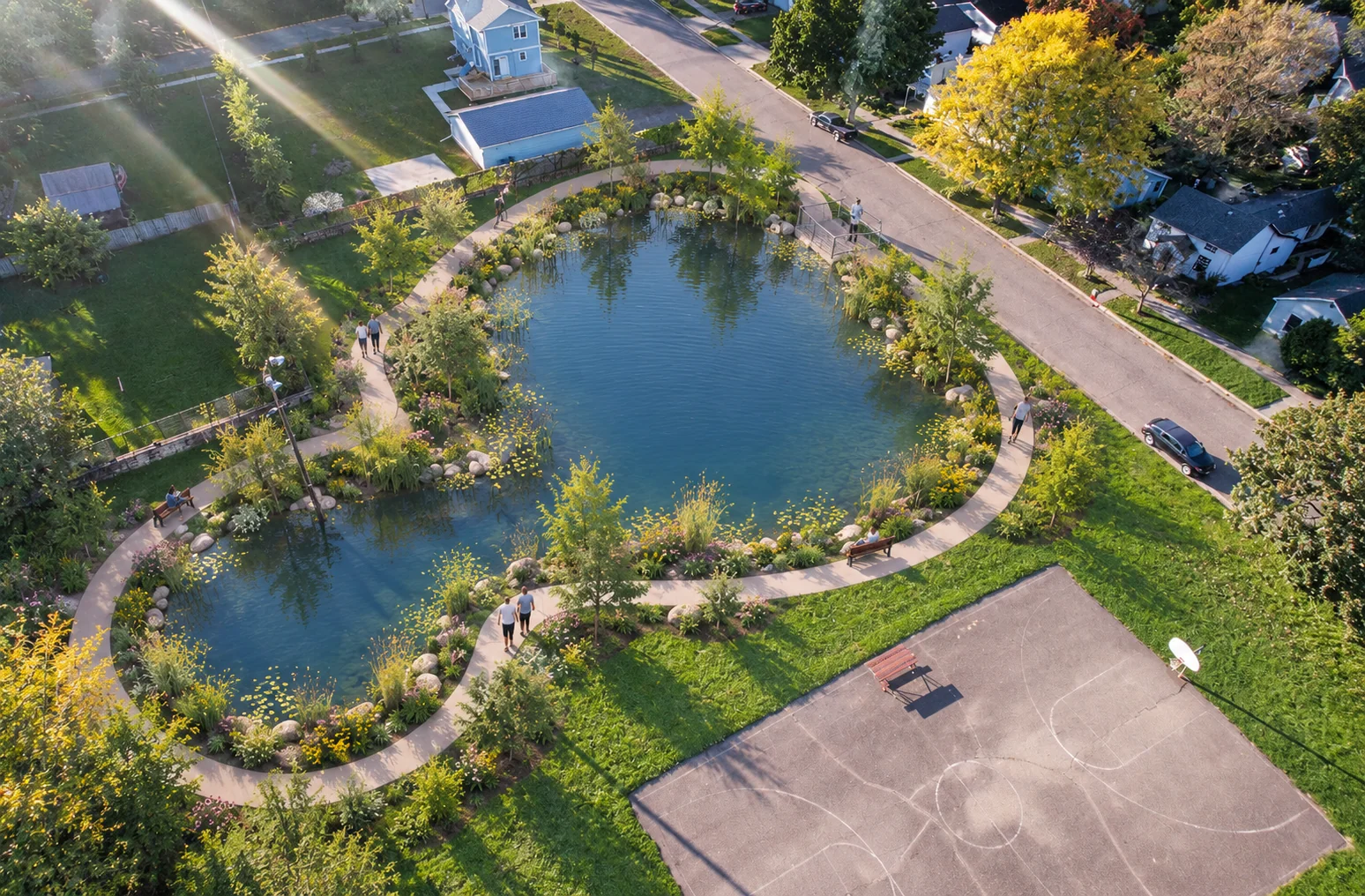 AI-assisted weber pond concept visualization: curving pond shoreline and planted walking loop