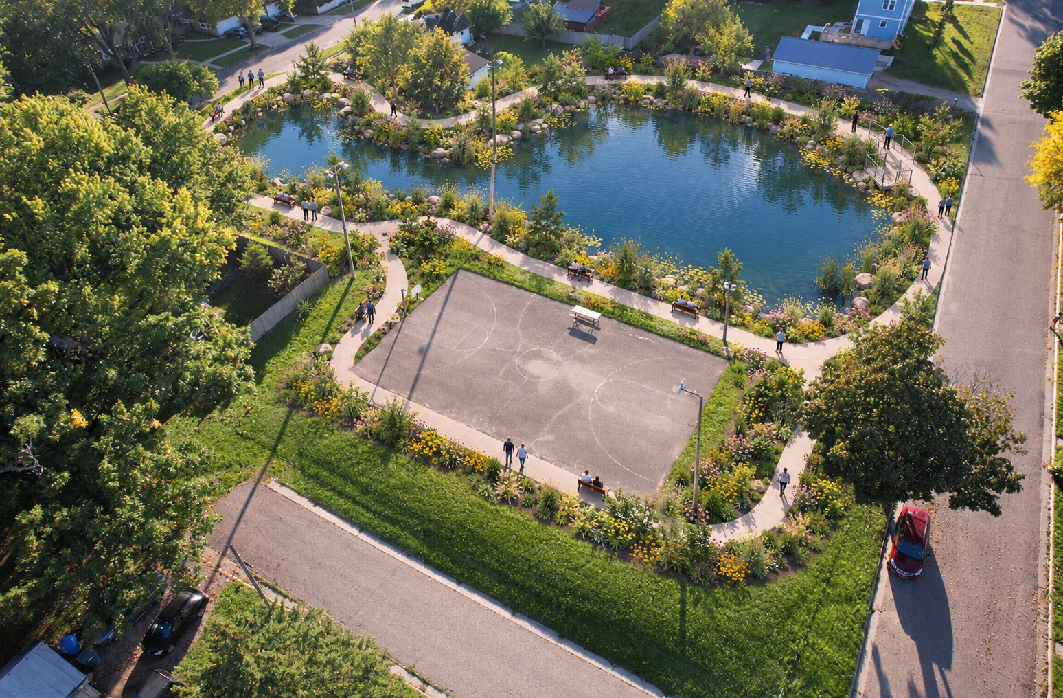 AI-assisted weber pond concept visualization: aerial view of the pond and adjacent court