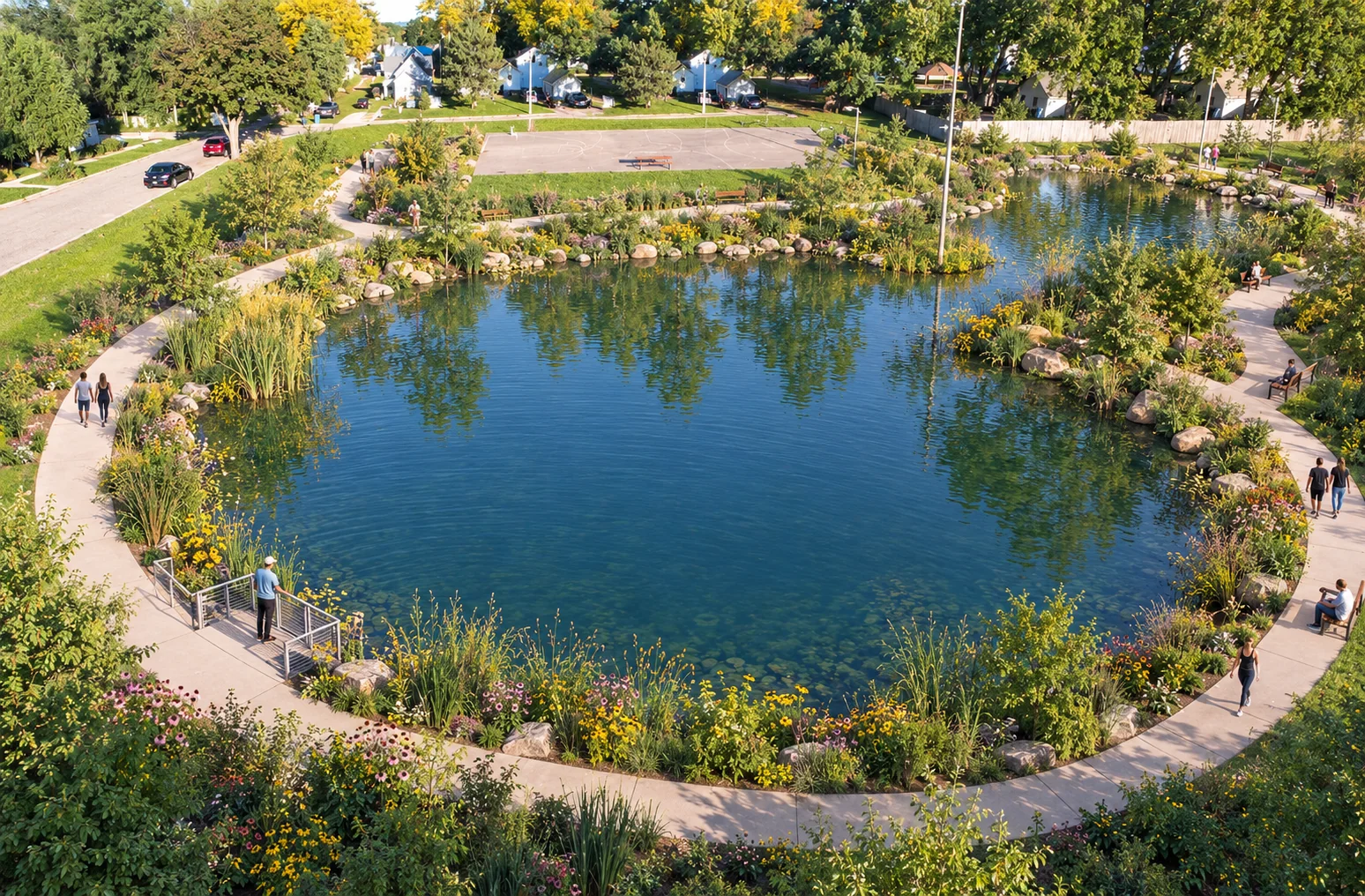 AI-assisted weber pond concept visualization: closer view of pond edge, walking loop, and plantings