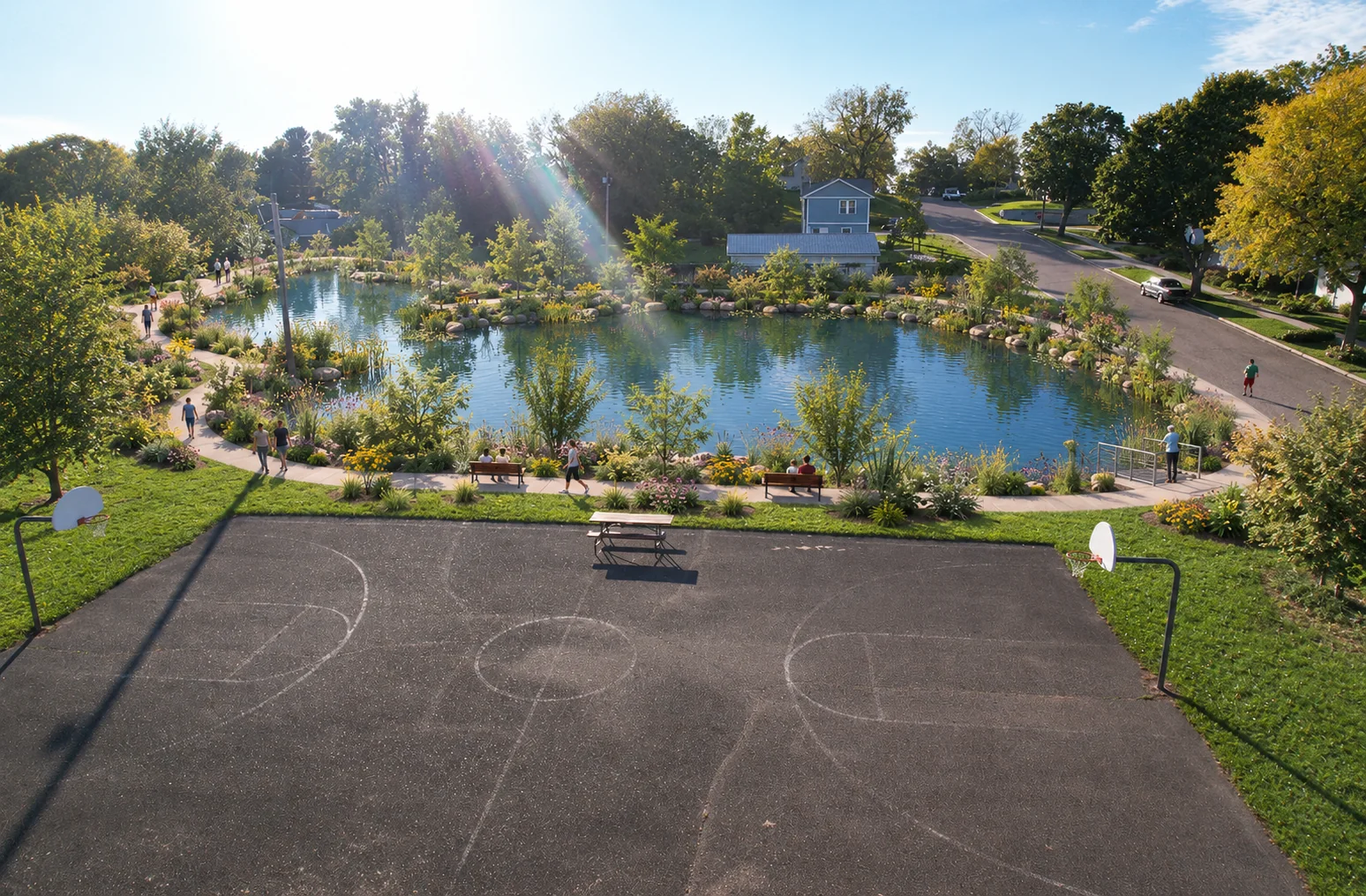 AI-assisted weber pond concept visualization: pond seen from the basketball court