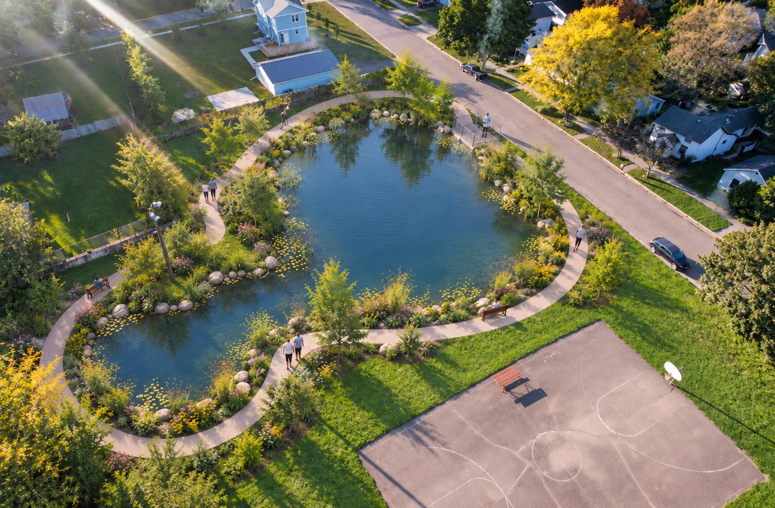 AI-assisted weber pond concept visualization: aerial view of pond, paths, and shoreline planting